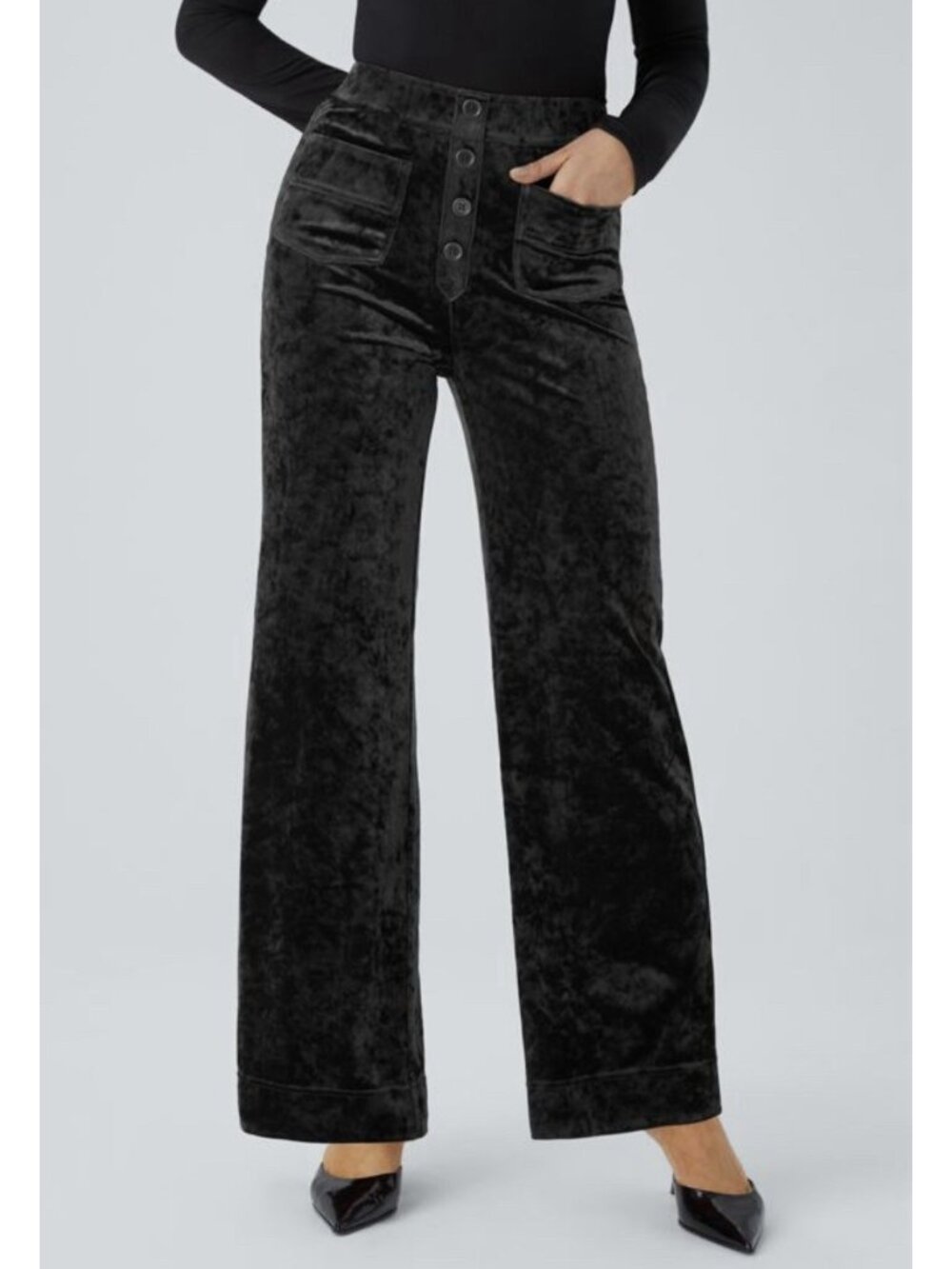 Halara Velvet straight Leg Pants Small Black Front Pockets High Waisted Pull On